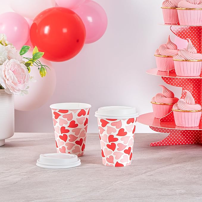 Restaurantware-Restpresso 12 Ounce Disposable Coffee Cups, 20 Valentine’s Day Cups With Plastic Lids - Red And Pink Heart Print, Rolled Rim, Paper To Go Cups, Single Wall, Serve Hot And Cold Drinks