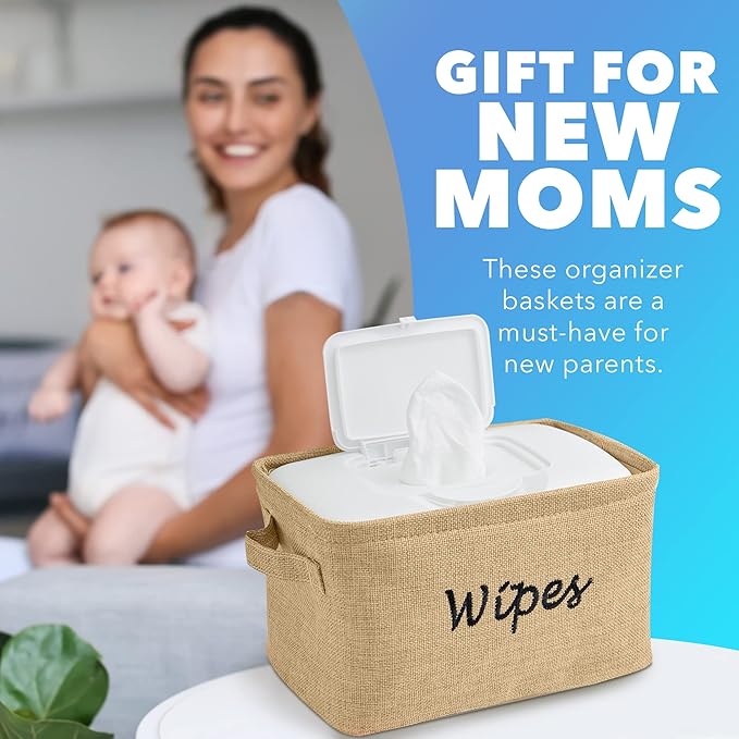 Dejaroo - Baskets for Organizing Wipes and Newborn Essentials, Diaper and Wipes Organizer, Embroidered Baby Shower Gifts for Moms, Linen Basket with Handle, 9 x 6 x 5.5 Inches, Natural