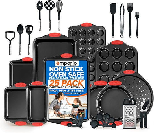 Emporio Kitchen Baking Pan Set - Nonstick Coating, Carbon Steel Bakeware Set with Red Silicone Handles, PFOA, PFOS, PTFE Free, Recipe Booklet Included, Oven Safe Tray (Up To 450° F), Set of 25 - Black