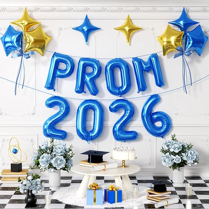 Prom 2026 Balloons Banner, 16 inch Blue Letter Balloons Prom 2026 Sign Decoration with Blue Gold Star Balloon for Class of 2026 Congrats Grad Party Birthday Retirement Graduation Party Supplies