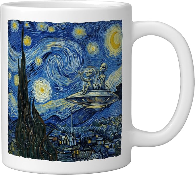 Aliens Saucer UFO Extraterrestrial Fun Starry Night Van Gogh Ceramic Mug, White