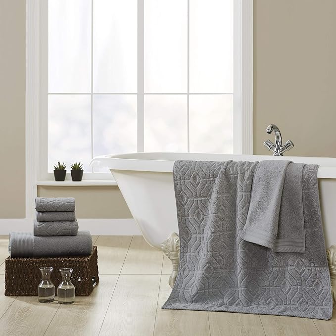 Modern Threads 6 Piece Cotton Bath Towel Set – Ultra Soft 550 GSM Towels – Bathroom Set with Hand Towels and Washcloths – Geometric (Charcoal)