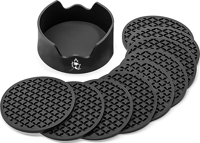LILLC Set of 9 Silicone Drink Coasters with Holder for Coffee Table, Dining Table Decor - Non-Slip, Leakproof, Heat Resistant, BPA Free, Dishwasher Safe, 4" - Ideal for Home, Kitchen and Bar