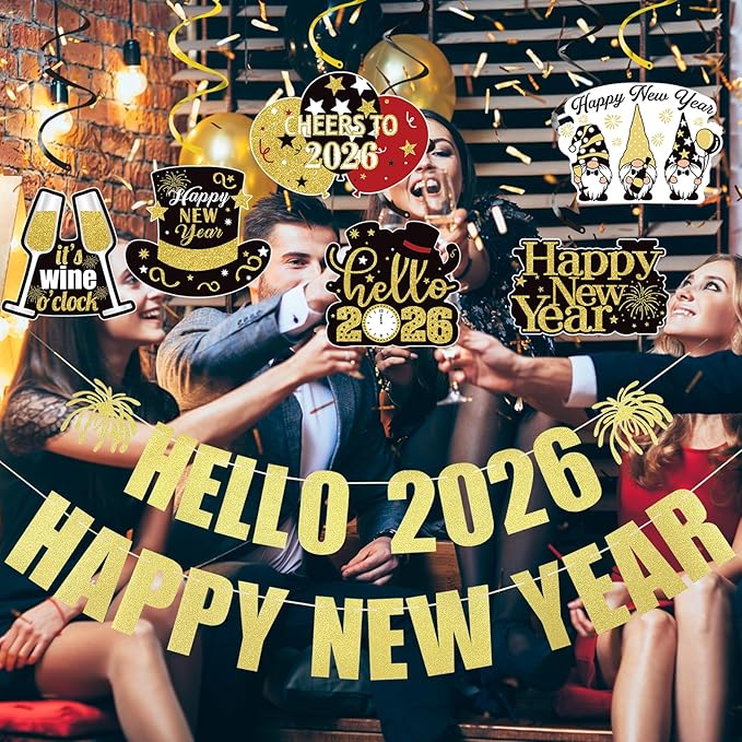 Gold Glitter Hello 2026 Happy New Year 2026 Banner Happy 2026 New Years Eve banner 2026 for Happy New Year 2026 Party Decorations