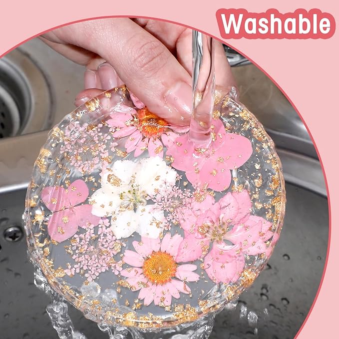 2 Pack Dried Floral Coasters, Flower Drink Resin Coasters Non-SlipDrink Cup Mat for Tabletop Protection Reusable Round Kitchen Utensils for Dining Cups Coffee Bar Mugs Table Wooden Desk