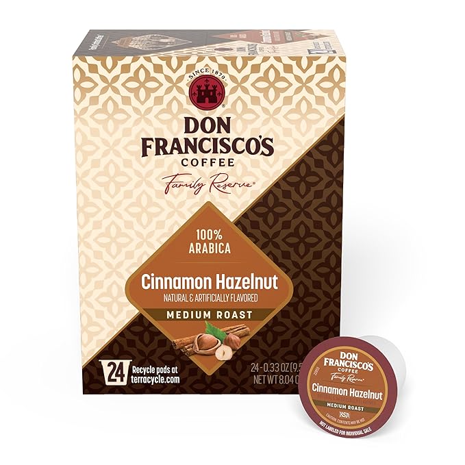 Don Francisco's Cinnamon Hazelnut Flavored Coffee Pods, 24 Count, Medium Roast, Compatible with Keurig Brewers