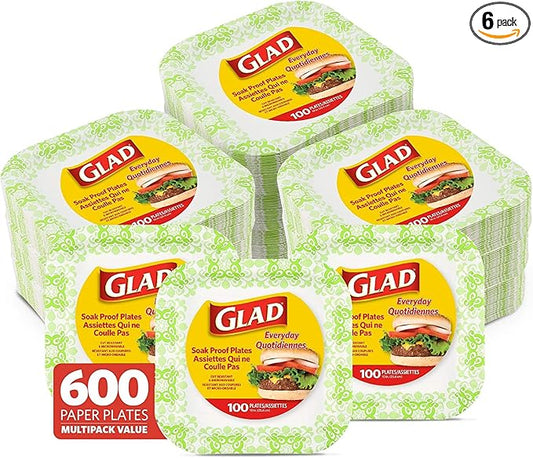 Glad Square Heavy Duty Paper Plates, Soak Proof and Cut Proof Disposable Plates for Parties and Everyday Meals, Microwaveable for Easy Serving, Green Victorian Pattern, 10 Inch, 100 Count - 6 Pack