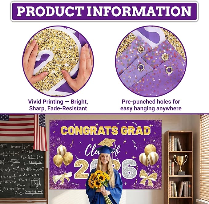 Purple 2026 Graduation Party Decor Kit-Includes Backdrop, Banner, Balloons, Hanging Ornaments & Honeycomb Decorations for Class of 2026 -Full Set for High School and University Graduation Events