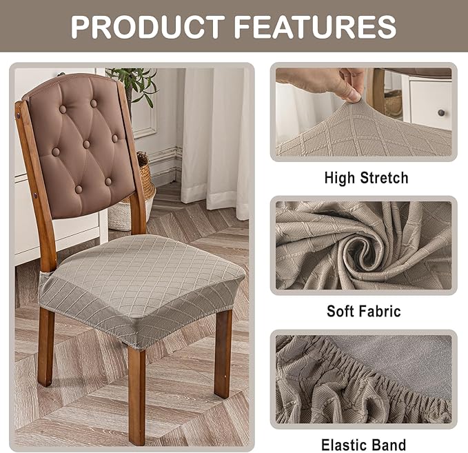 Genina Waterproof Seat Covers for Chairs,Set of 4 Dining Room Chair Seat Covers for Kitchen,Stretch Jacquard Removable Washable Dining Chair Slipcovers Protectors,No Rear Covers, Taupe