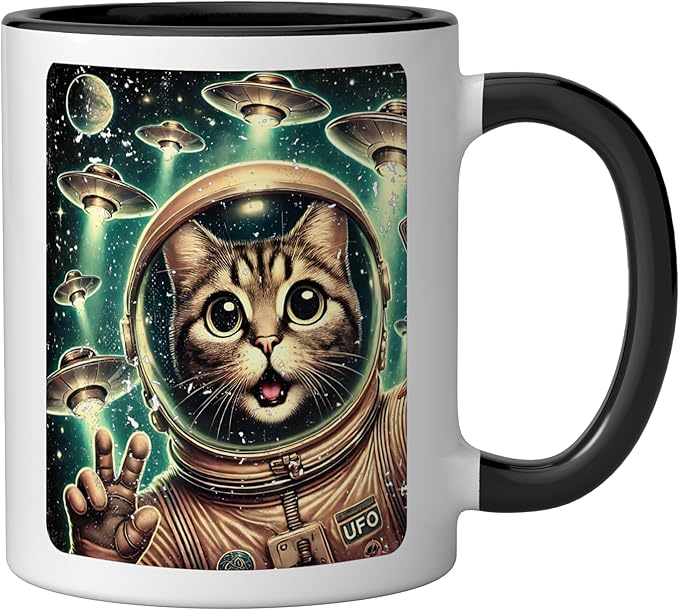 Space Cat Astronaut UFO Funny Sci-fi Alien Selfie Ceramic Mug, Black/White