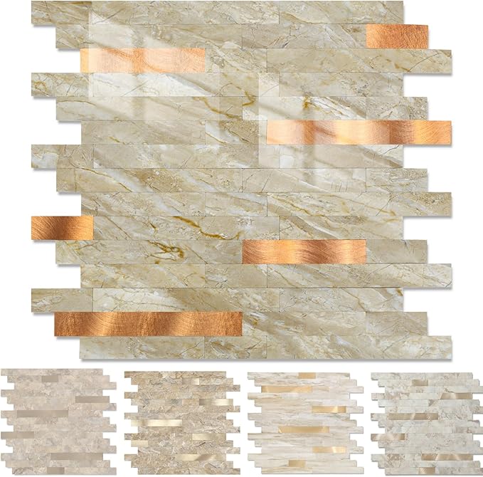 Yipscazo 5 Sheets Peel and Stick Stone Metal Tile Backsplash, Stick on Tiles for Backsplash Kitchen, Bathroom, Laundry Room, Camper, Fireplace (12'' X 12'', Polished Beige)
