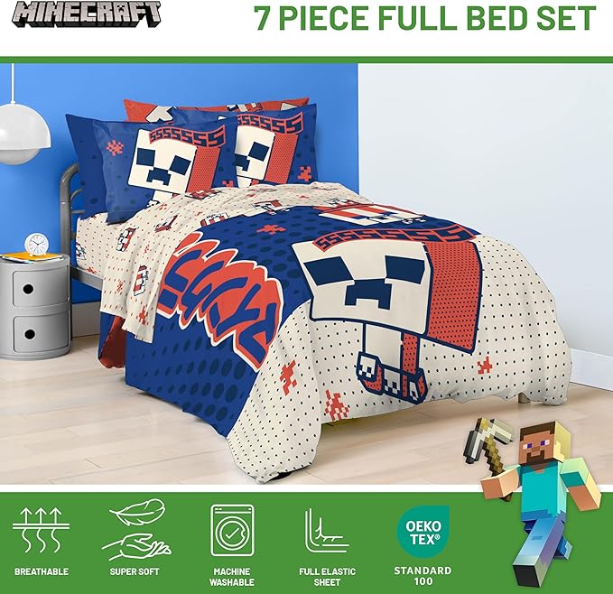 Jay Franco Minecraft Creeper Full Size Comforter Set - 7 Piece Bedding Includes Sheet Set & Pillow Covers - Super Soft Red & Blue Oishi Market Kids Bedding