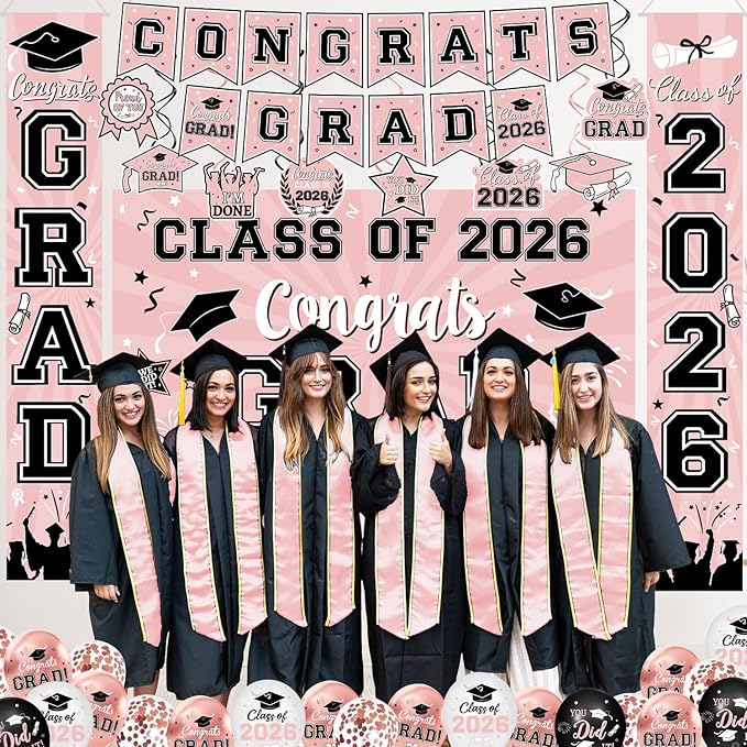 Graduation Decorations Class of 2026 - Rose Gold Graduation Decorations Include Grad Backdrop, Banner, Hanging Swirls, Porch Sign, Balloons for Congrats Grad Party Decorations