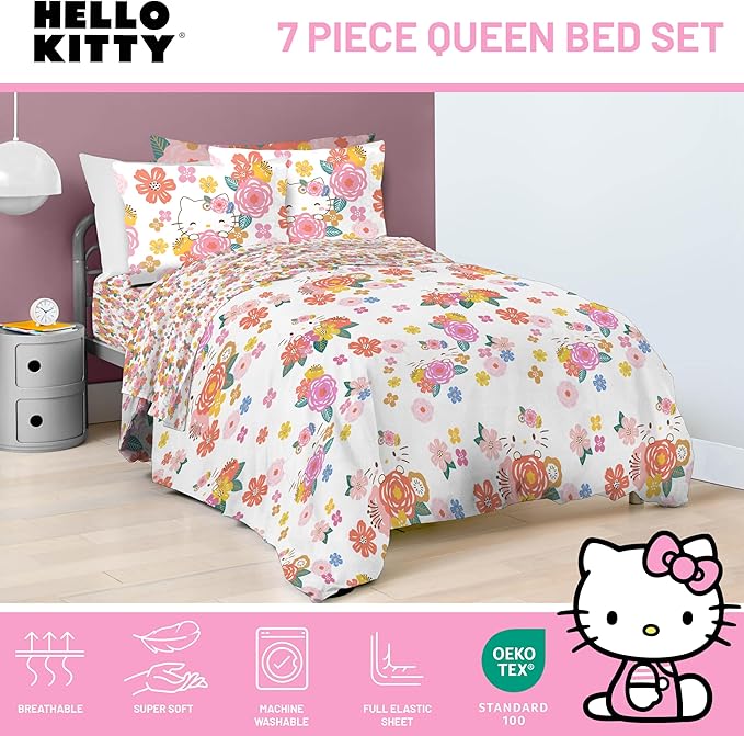 Jay Franco Hello Kitty Queen Size Comforter Set - 7 Piece Bedding Includes Sheet Set & Pillow Covers - Super Soft Floral Bedding