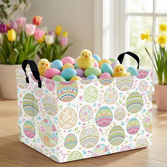 Kid Large Empty Easter Basket Gift Personalized Fabric Bunny Easter Basket for Boy and Girl Room Decor Storage Bin (Retro Easter Egg Flower)