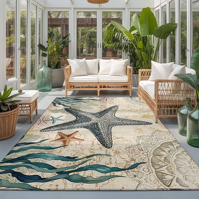 Area Rug 3x5ft, Nautical Starfish Teal Seaweed Starfish Washable Rugs for Living Room Bedroom, Marine Life Soft Non-Slip Area Rugs Rectangle Floor Carpet for Dining Room
