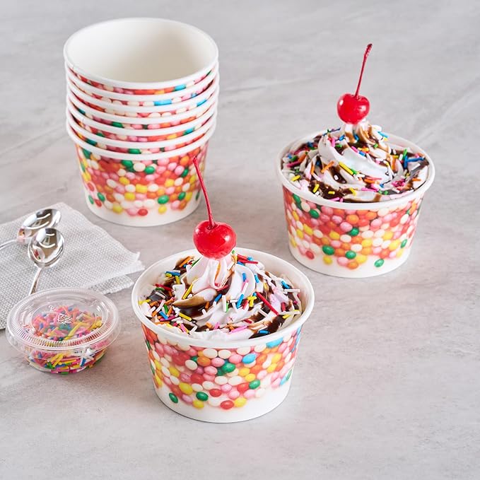 Coppetta 8 Ounce Dessert Cups, 50 Greaseproof Ice Cream Cups - Lids Sold Separately, For Hot And Cold Foods, White Paper Yogurt Bowls, Round Sprinkle Design, Disposable, Sturdy - Restaurantware
