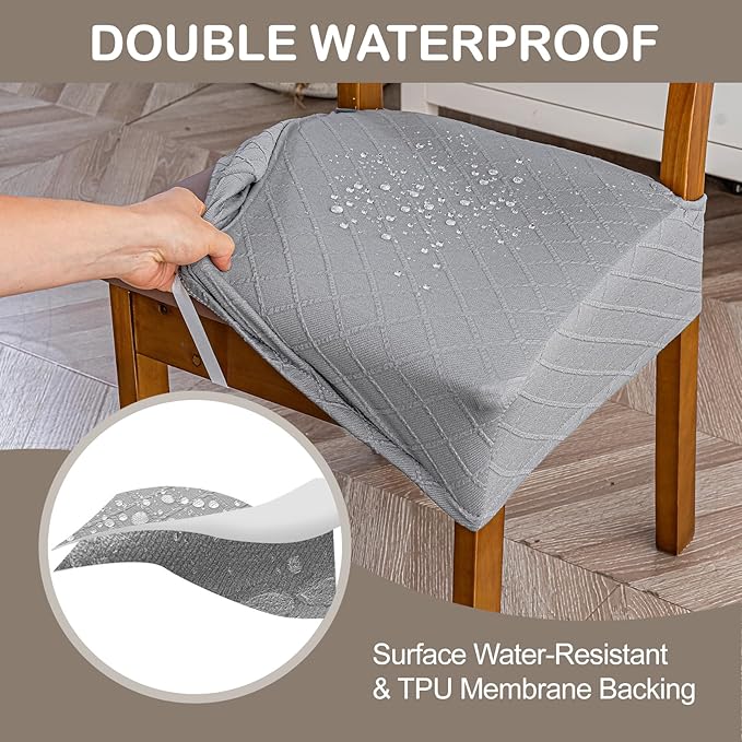 Genina Waterproof Seat Covers for Chairs,Set of 6 Dining Room Chair Seat Covers for Kitchen,Stretch Jacquard Removable Washable Dining Chair Slipcovers Protectors,No Rear Covers, Light Grey