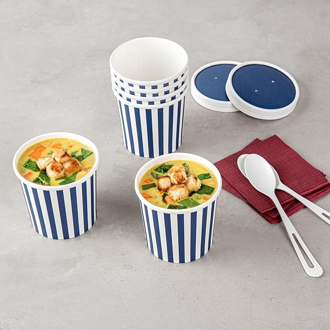 Restaurantware Bio Tek 12 Ounce Soup Containers 200 Durable Soup Bowls - Disposable Sustainable Blue And White Paper Soup Cups Striped Round For Hot Or Cold Foods