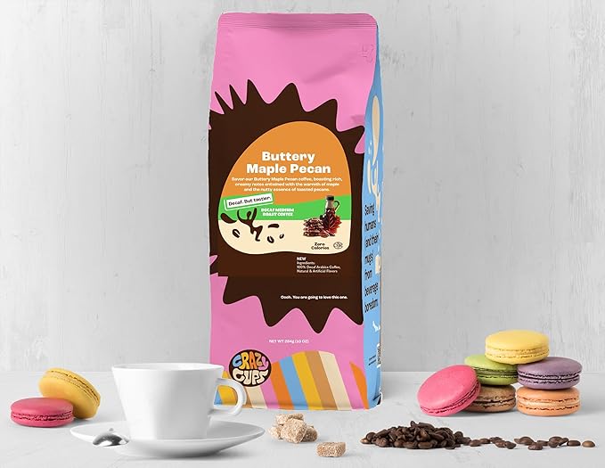 Crazy Cups Decaf Flavored Ground Coffee, Decaffeinated Buttery Maple Pecan Coffee, For Brewing Flavored Hot or Iced Decaf Pecan Coffee, 10oz