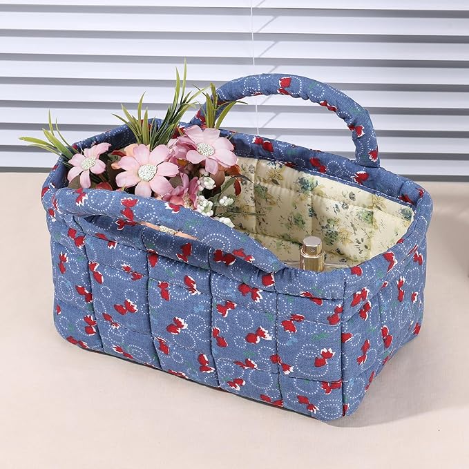 Quilted Fabric Storage Basket Floral Baby Diaper Caddy Quilted Basket for Nursery Bedroom Car Storage