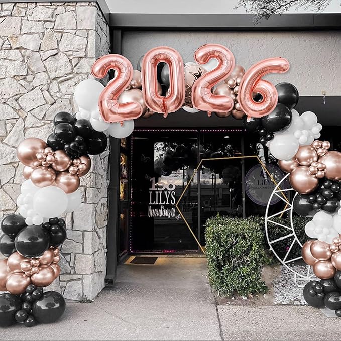 Graduation Decorations Class of 2026: Rose Gold and Black Graduation Balloon Arch Garland Kit and Rose Gold Confetti Balloons Congrats Grad Banner 2026 Foil Balloon Decorations For Grad Party