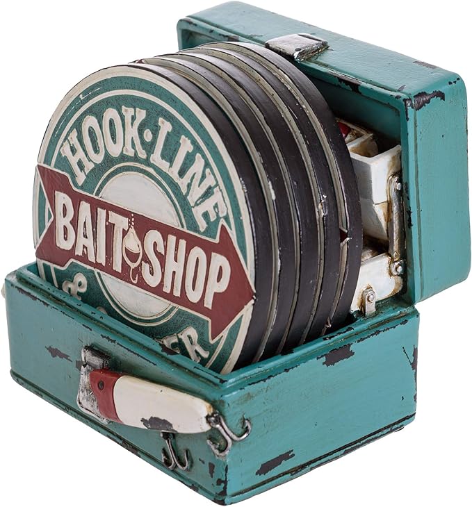 Hook Line & Sinker Bait Shop Rustic Drink Coasters with Holder - Set of 5