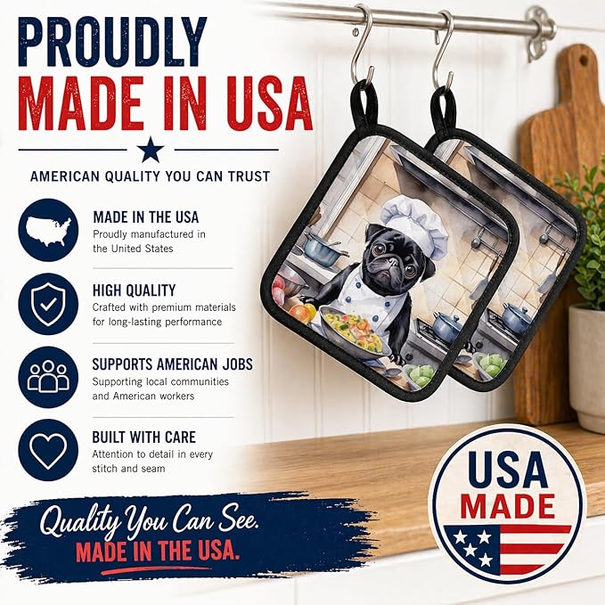 Caroline's Treasures Pug The Chef Pair of Pot Holders Kitchen Heat Resistant Pot Holders Sets Oven Hot Pads for Cooking Baking BBQ, 7 1/2 x 7 1/2