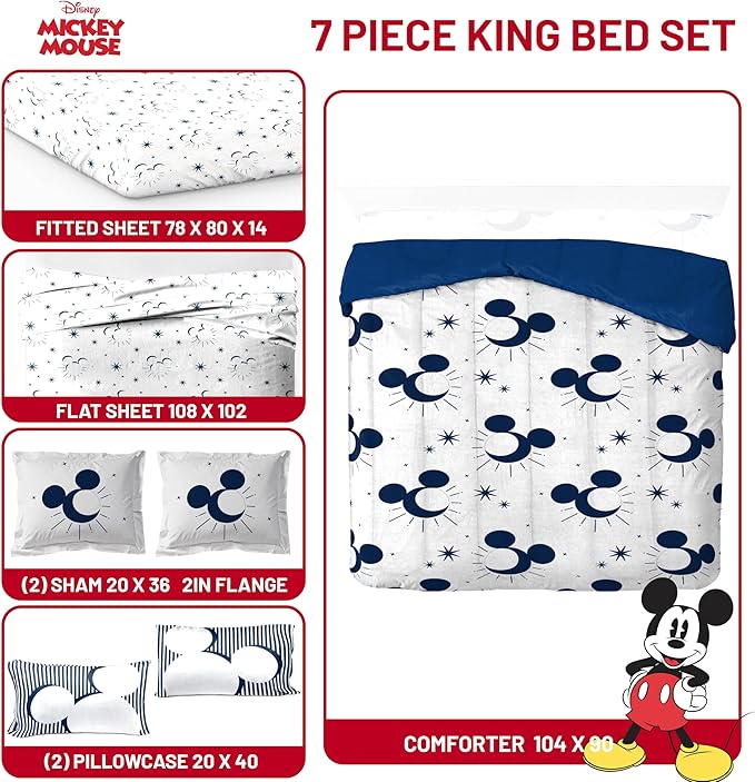Disney Mickey Mouse King Comforter Set - 7 Piece Bedding Includes Sheet Set & Pillow Covers - Super Soft Cozy Celestial Bedding