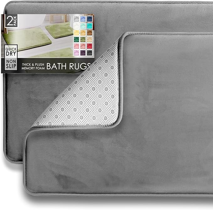 Clara Clark 2 Piece Bathroom Rug Set - Memory Foam, Bath Mat Set, Plush, Cozy, Ultra Soft, Non Slip, Machine Washable, Quick Dry - 24” x 17”+ 32” x 20” - Medium Grey