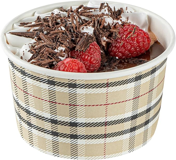 Restaurantware Coppetta 12 Ounce Dessert Cups, 50 Disposable Ice Cream Cups - Lids Sold Separately, Sturdy, Plaid Paper FroYo Bowls, For Hot And Cold Foods, Perfect For Gelato Or Mousse