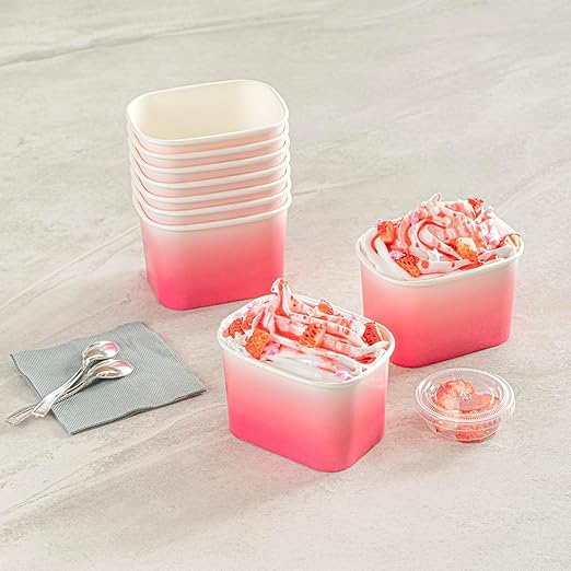 Restaurantware Paper Cups 50 Count 12 Ounce Square Disposable Ice Cream Containers, Leak-Resistant Paper Dessert To Go Cups, Hot And Cold Food, Durable Pink And White Ombre Design