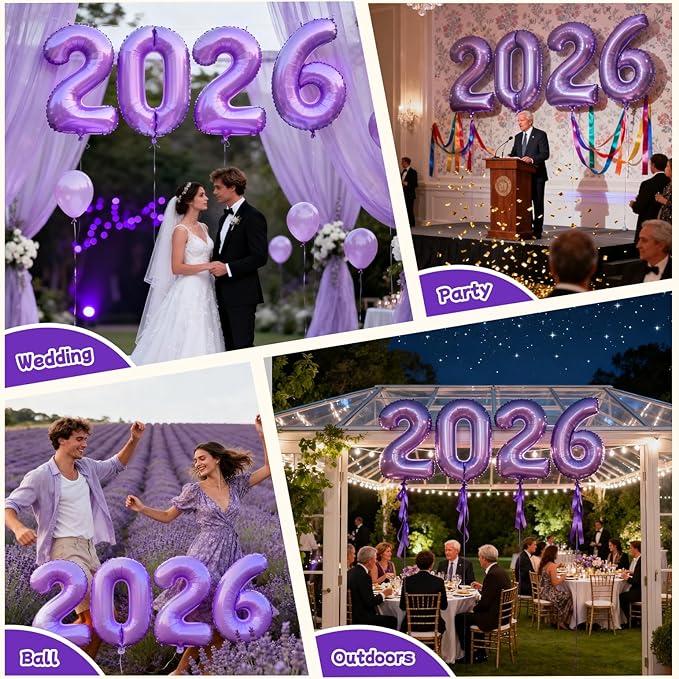 Purple 2026 Balloons, Large 32 Inch Foil 2026 Number Balloons, Grad Balloons for Class of 2026 Graduation Party, Purple Matellic Foil New Year Birthday Home Office Party Supplies