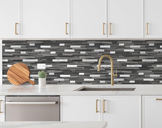 Yipscazo 20 Sheets Peel and Stick Stone Metal Tile Backsplash, Stick on Tiles for Backsplash Kitchen, Bathroom, Laundry Room, Camper, Fireplace (12'' X 12'', Black Wood Grain)