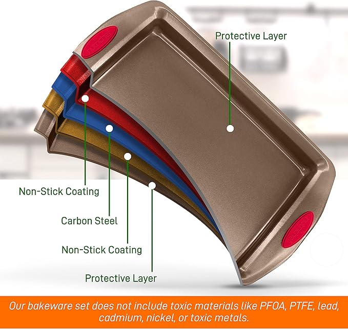 NutriChef 2-Piece Baking Pan Set - Premium Non-Stick Coating Carbon Steel Bakeware w/ Silicone Handles - PFOA, PFOS, PTFE Free Kitchen Oven Bake Tray, Cookie Sheets - Bronze, 17.3"x11.4"x1.2"