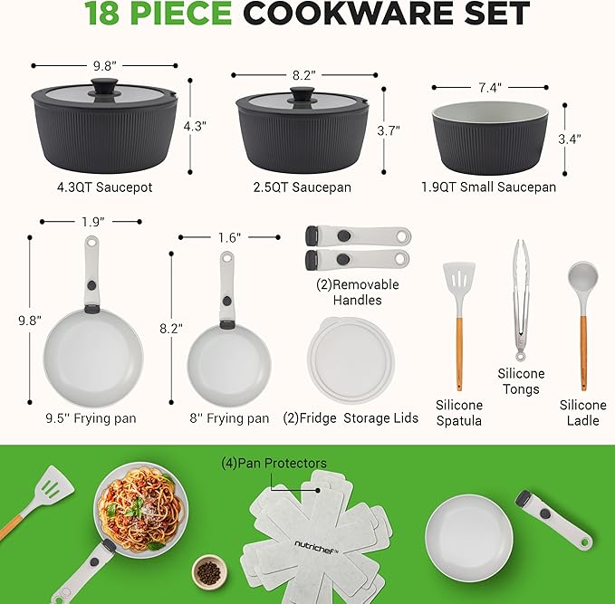 NutriChef 18-Piece Ceramic Cookware Set with Detachable Handles, Space-Saving Nonstick Pots, Pans & Lids, Oven-Safe Bowls, Stackable Storage, Includes Cooking Utensils & Accessories (Gray)