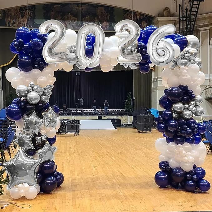 Graduation Decorations Class of 2026: Navy Blue and Silver Graduation Balloon Arch Garland Kit and Silver Confetti Balloons Congrats Grad Banner 2026 Foil Balloon
