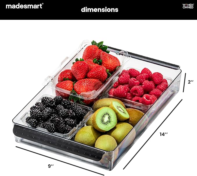 madesmart Premium Medium Fridge Bin, Organizer for Produce, Cheeses, Meats & Deli Items, Dry-Erase Label Area, Multi-Purpose Fridge Storage, Soft Grip Handles, Clear