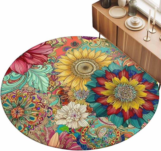 Washable Round Area Rug Boho Colorful Blossom Flower Circle Rugs Floor Carpet for Living Room Bedroom, Country Retro Ethnic Floral Soft Non Slip Round Rug 3ft