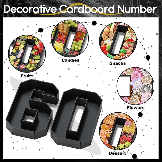 60 Cardboard Numbers for Charcuterie Numbers Fillable 13.8'' Black Paper Mache Number Shaped Cupcake Pans Board Box Trays Container for Food Candy 60th Birthday Party Decorations Anniversary