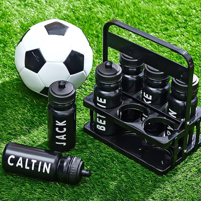 Suclain Water Bottle Carrier with 20 Oz Bottles and Stickers Plastic Wide Mouth Sports Water Bottle Squeeze Team Bottles with Black Lid for Fitness Bike Gym(7 Pcs,Black)