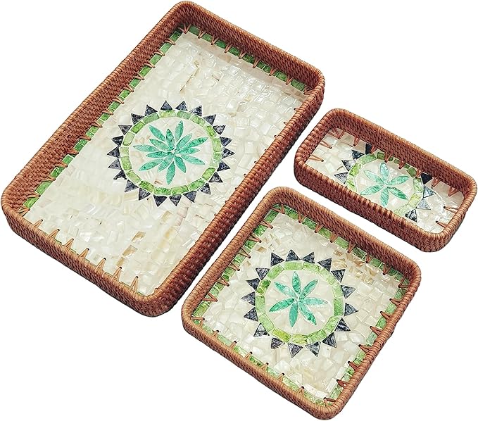 i-lan 15" Rattan Tray Set of 3, Rectangular Mother of Pearl Decorative Tray, Green Geometric Woven Nesting Trays for Serving, Boho Home Decor for Vanity, Entryway, Living Room & Kitchen