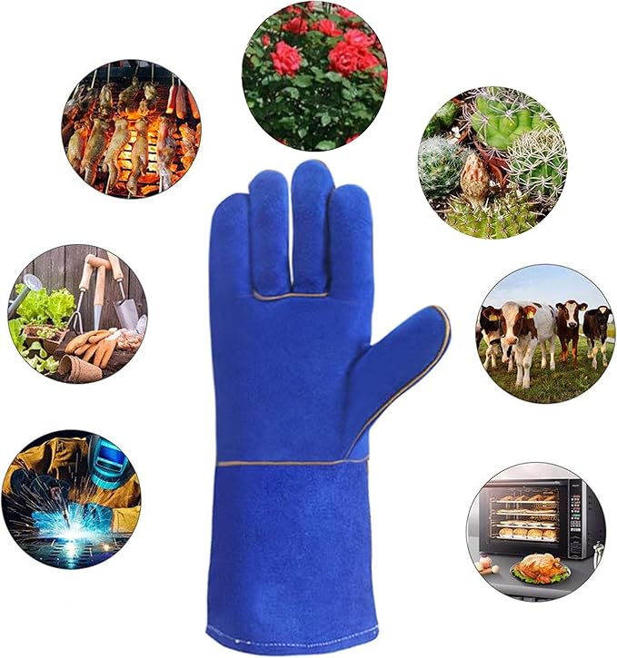 Heat Resistant Gloves for Grill BBQ,Long Sleeve Grill Gloves for Baking,Oven,Fireproof, Stove,Welder,Welding,Fireplace (Blue)