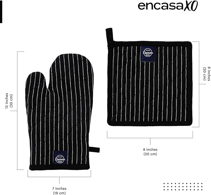 Encasa XO Heat Resistant 100% Cotton Oven Glove & Potholder Set with Loop, Kitchen Cooking Mittens, Microwave Safe Hot Pads (Butcher Stripes Black)