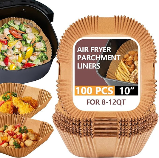 UBeesize XL 10 Inch Air Fryer Paper Liners,100 PCS Parchment Paper, Air Fryer Disposable Paper Liner for Microwave, Non-Stick Air Fryer Liners Square Free of Bleach(Bottom size 9 Inch)