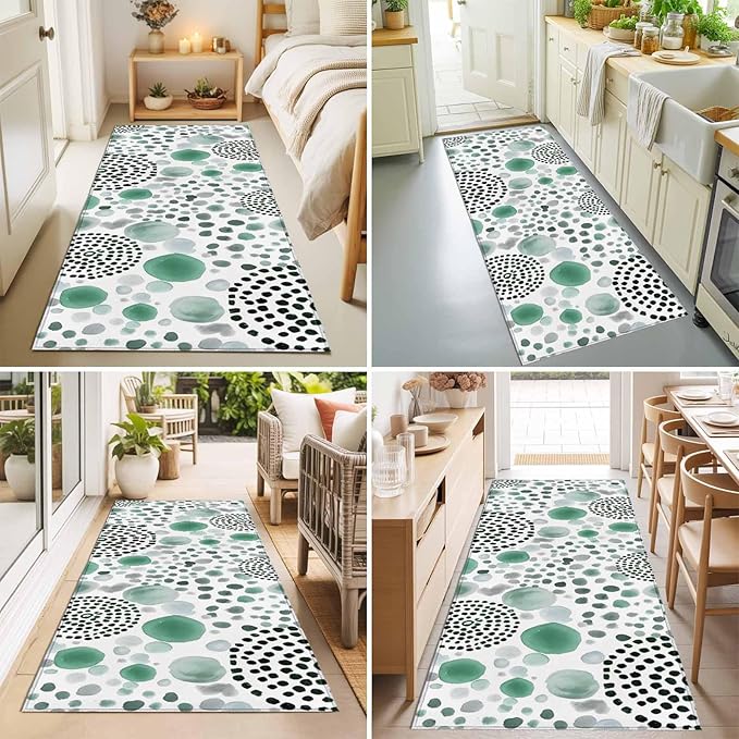 Runner Rug for Bedroom Hallway, Abstract Teal Circles Kitchen Runner Rugs Area Rug 2x6ft, Sage Green Geometric Round Washable Soft Floor Carpet for Entryway Stair