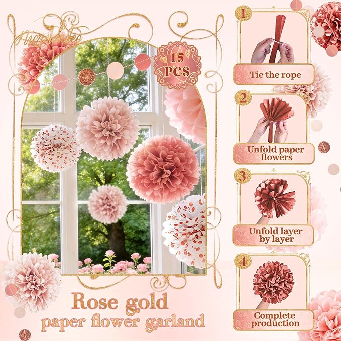 NICROLANDEE Rose Gold Wedding Decorations - 15 PCS Tissue Paper Pom Poms for Engagement Party Wedding Birthday Bridal Shower Bachelorette Dot Paper Garlands Rose Gold Valentines Party Backdrop Decor