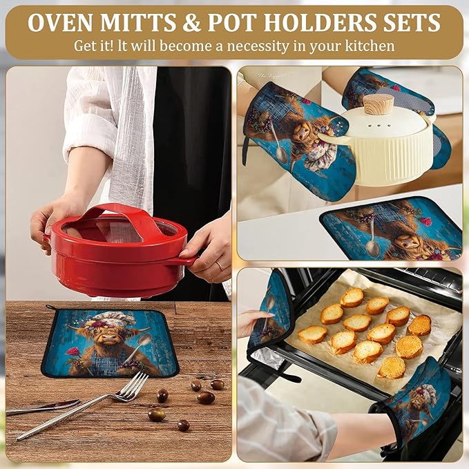 Highland Cow Chef Oven Mitts and Pot Holders Sets 4Pcs Funny Animal Silicone Kitchen Gloves Heat Resistant Potholders for Baking Cooking Grilling BBQ