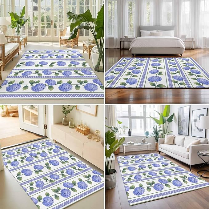 Area Rug 8x10ft, Garden Purple Hydrangea Flower Washable Rugs for Living Room Bedroom, Watercolor Floral Leaves Soft Non-Slip Area Rugs Rectangle Floor Carpet for Dining Room