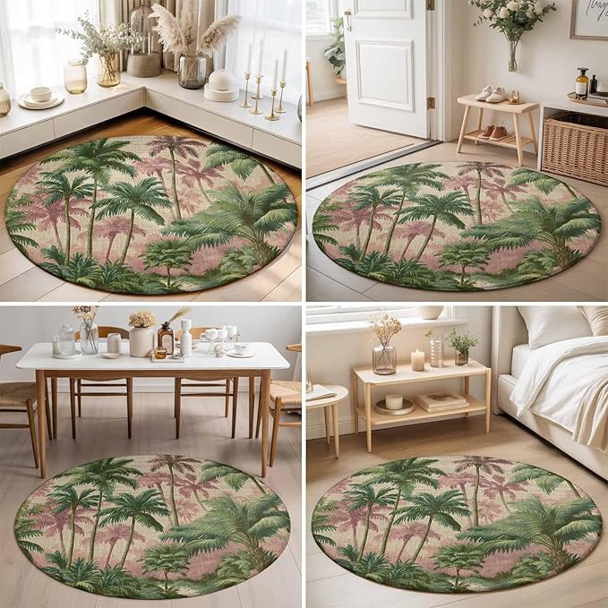 Washable Round Area Rug Exotic Forest Green Pink Palms Tree Circle Rugs Floor Carpet for Living Room Bedroom, Vintage Botantical Soft Non Slip Round Rug 5ft